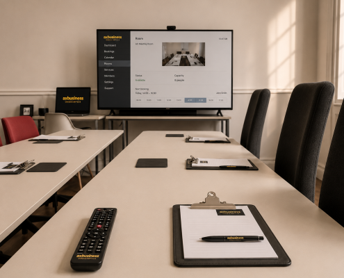 Sala para eventos corporativos Espacio polivalente y climatizado configurado para presentaciones de empresa y conferencias.