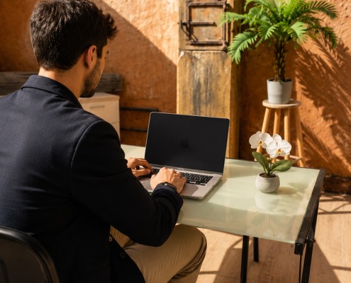 Coworking con terraza en Las Palmas de Gran Canaria Profesional trabajando con portátil en un escritorio individual en la terraza de AX Business.