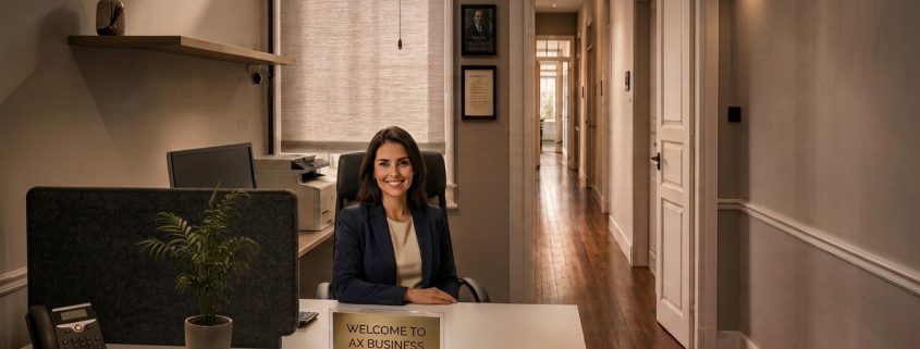 Recepción profesional de AX Business en Las Palmas preparada para recibir visitas de negocios y clientes.